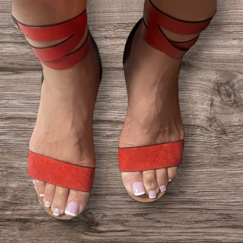 Gucci Authentic 7 US 37 EU Red Orange Leather GG Marmont Sandals Shoes Heels